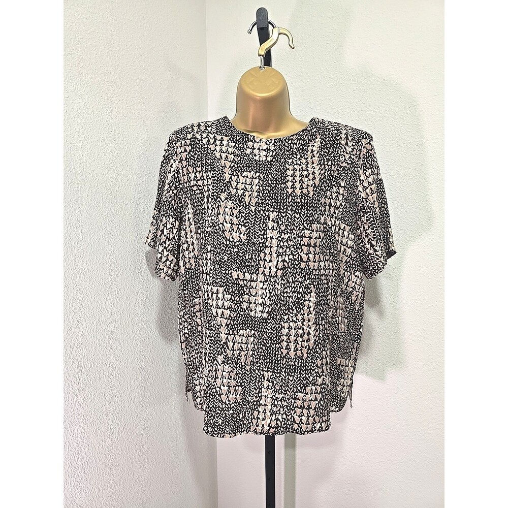 Vtg Silk Blouse Womens Sz Small Office Career Professional Black Tan Geometric